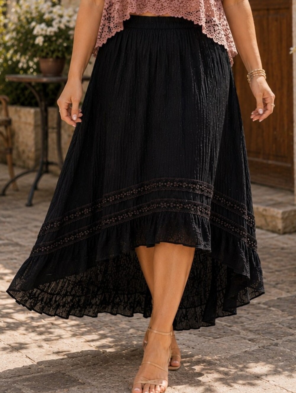 Torrid Black Hi Low Mini/Midi Lace Trimmed Lined Skirt Day To Nite Romantic Boho